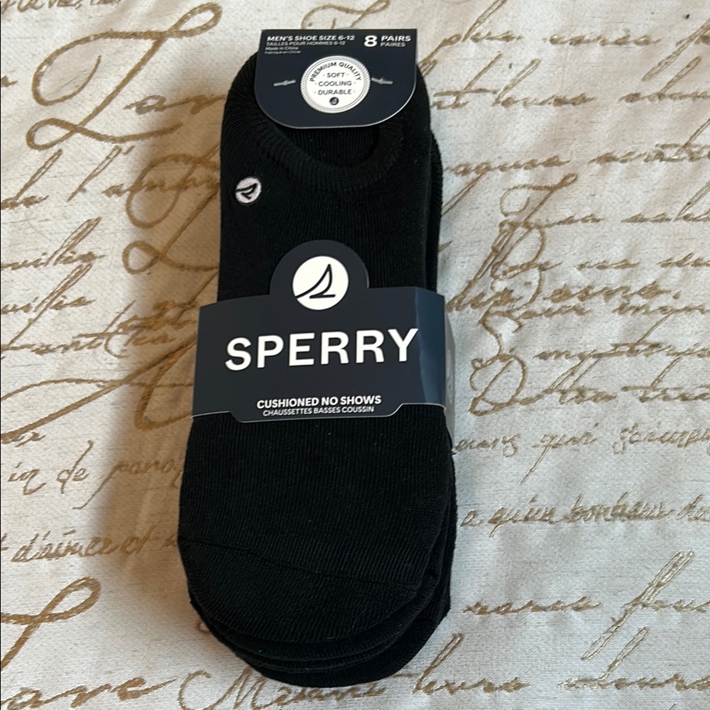Sperry Men's Cushioned No Show Socks Black 8 Pack NWT Size 6-12